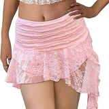 Yousify Women Y2K Lace Mini Skirt Low Rise Pleated Ruffle Short Layered Flowy Asymmetrical Fairy Half Slip Soft Breathable Stretchy Comfortable Basic Womenswear