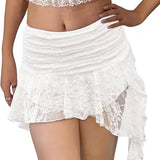 Yousify Women Y2K Lace Mini Skirt Low Rise Pleated Ruffle Short Layered Flowy Asymmetrical Fairy Half Slip Soft Breathable Stretchy Comfortable Basic Womenswear