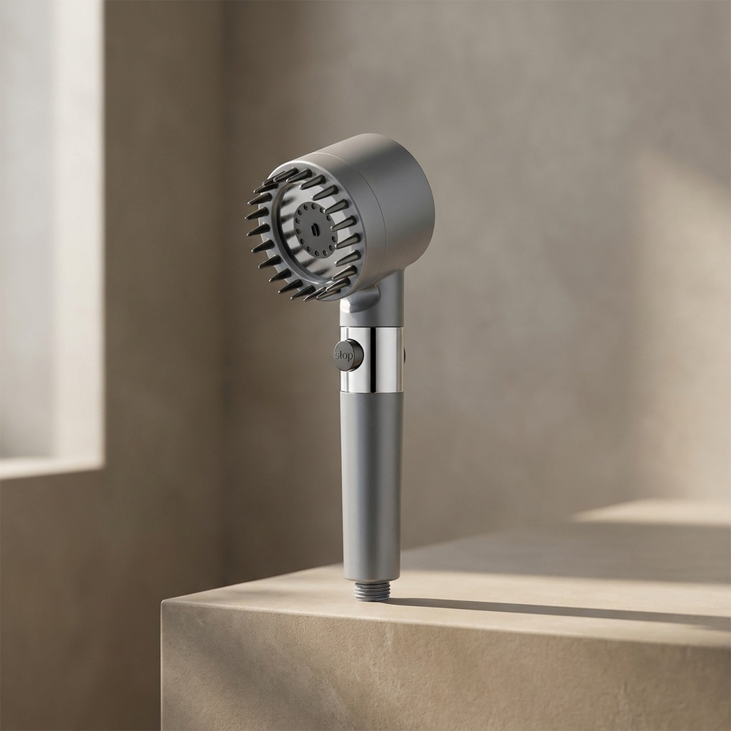 Aurve Filtered Shower Head standing on a stone bathroom ledge