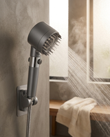 The shower head mounted on its bracket with water running