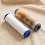 Illustration: a new filter cartridge next to a used one. Filters discolour as they capture sediment and minerals; actual appearance varies with your water.